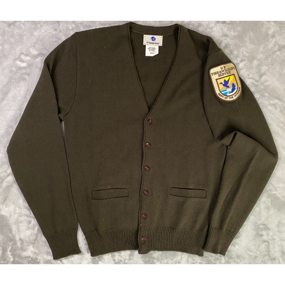 VF USFW Cardigan Sweater Men's Small Olive US Fish & Wildlife Service Vintage